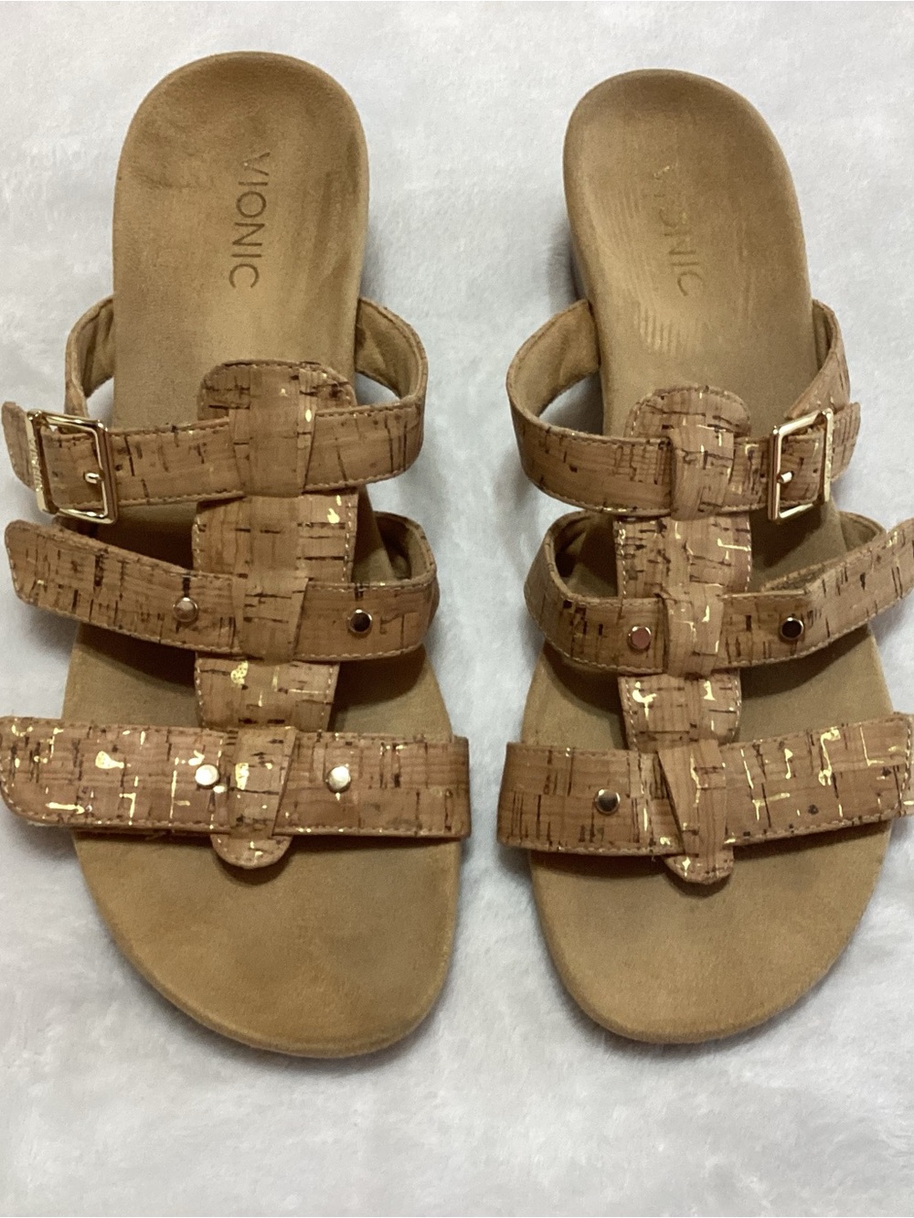 Vionic Cork-Effect Triple Strap Slide Sandals in Tan (No Size-See Description)